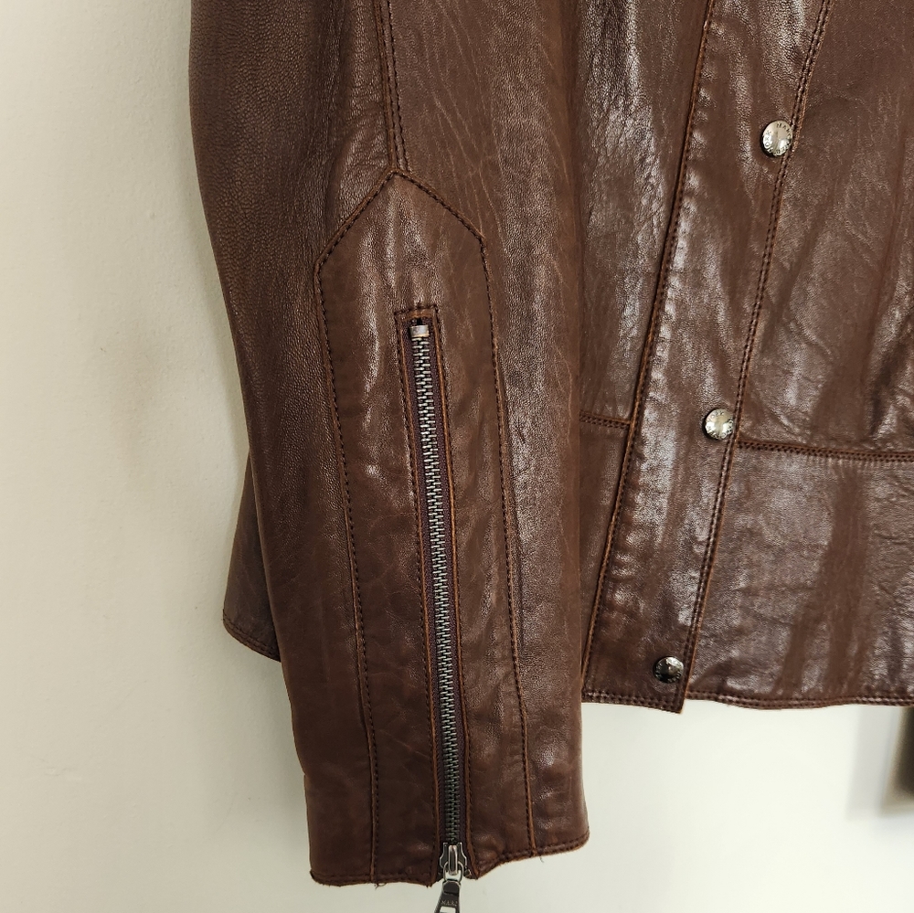 Marc New York Andrew Marc Brown Leather Funnel High Collar Jacket - Picture 12 of 15